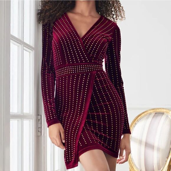 Stunning Venus S Crystal Embellished Maroon Stretch Velvet Mini Dress - Picture 1 of 11